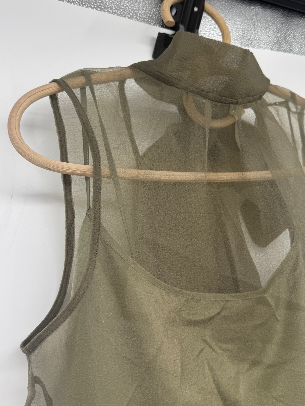 CAARA Alette Organza Maxi Dress  Sleeveless High-Neck Back Bow in Grey Moss NEW - Picture 9 of 14